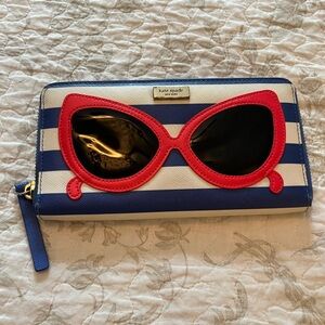 Kate Spade Blue and White Striped Wallet with Red Accent